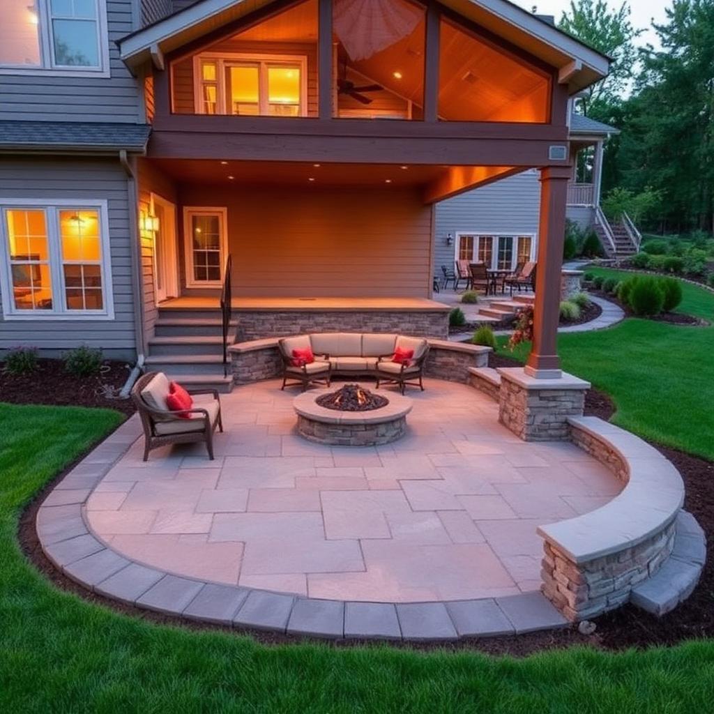 Backyard outdoor living space with a stone patio surrounded by lawn